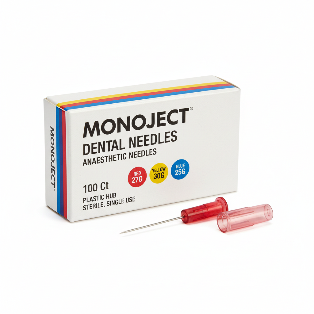 Monoject Dental Anaesthetic Needles Plastic Hub Colour-Coded Box of 100