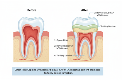 Direct pulp capping procedure diagram - before and after with Harvard BioCal-CAP