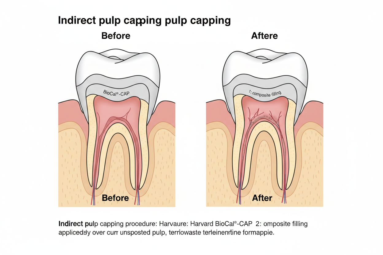 Indirect pulp capping procedure diagram - before and after with Harvard BioCal-CAP